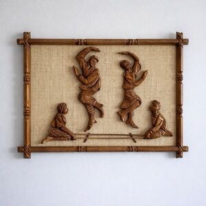 Vintage Mid Century Carved Wood Wall Art Folk Dance Scene Burlap Wood Frame